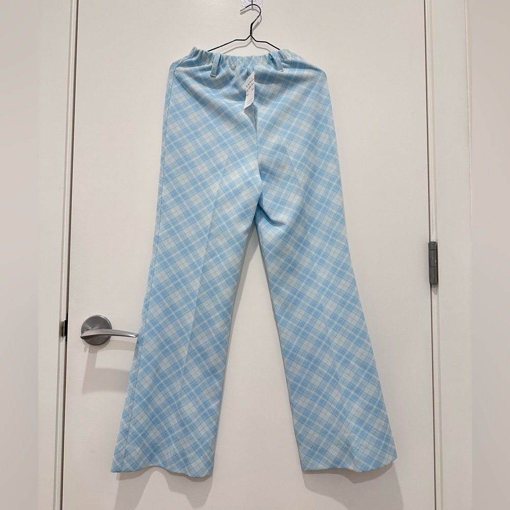 Vintage 70s Pastel Blue Pink Plaid Polyester Cropped Flare Pants Trousers